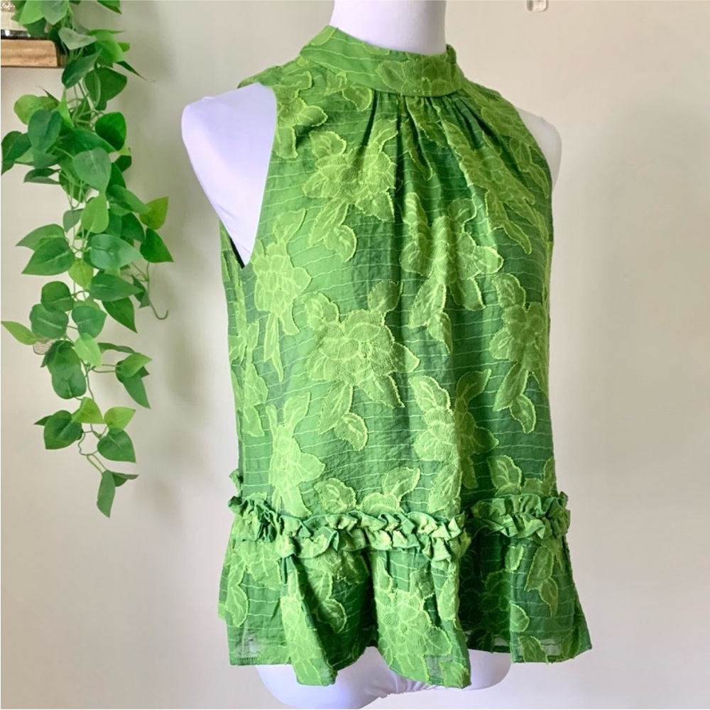 Anthropologie Green Floral Sleeveless Peplum Top